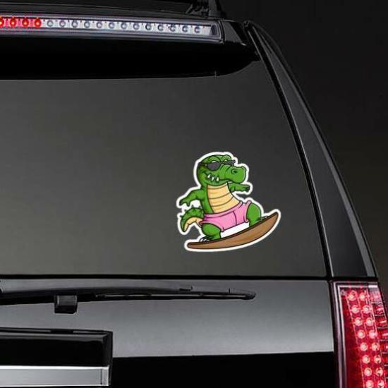 Funny Crocodile Surfing Cartoon Sticker | Surfing Stickers Hawaiian & Tropical Stickers Surfing Stickers