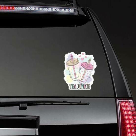 Slogan Tea Junkie Illustration Sticker | Boba and Bubble Tea Stickers Boba & Bubble Tea Stickers Boba & Bubble Tea Stickers