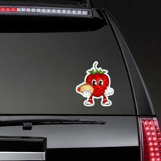 Strawberry Carrying A Taco Silly Sticker | Fruit Stickers Food & Beverage Stickers Fruit Stickers