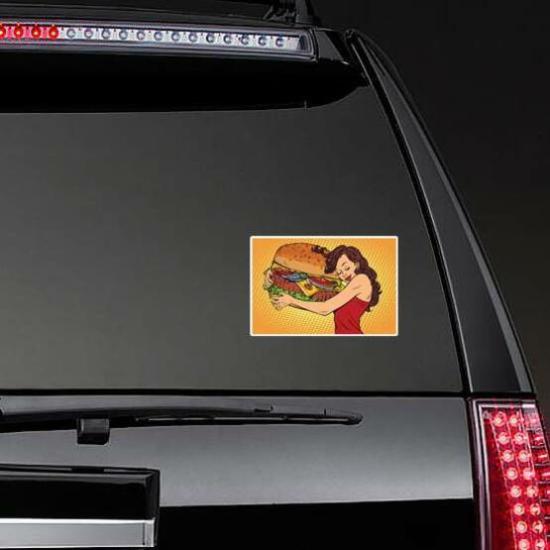 Woman Hugging Pop Art Burger Sticker | Fast Food Stickers Fast Food Stickers Fast Food Stickers